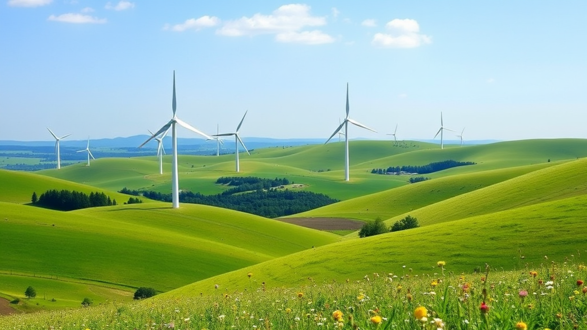 Image d'un champs d'éolienne, répresentant la comparaison entre Corporate PPA et Tarifs Verts pour les entreprises